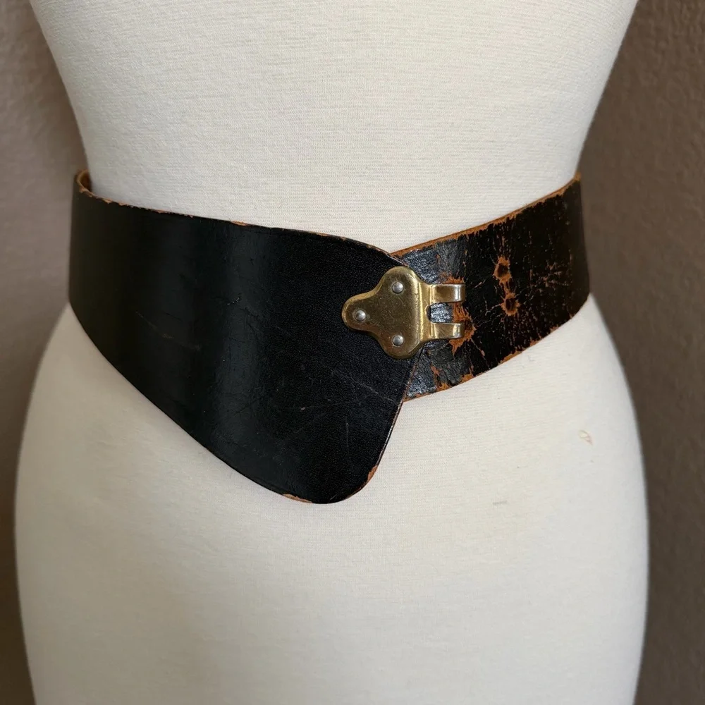 Vintage Handmade Calder NYC Wide Black Leather Waist Belt Brass Closure Boho